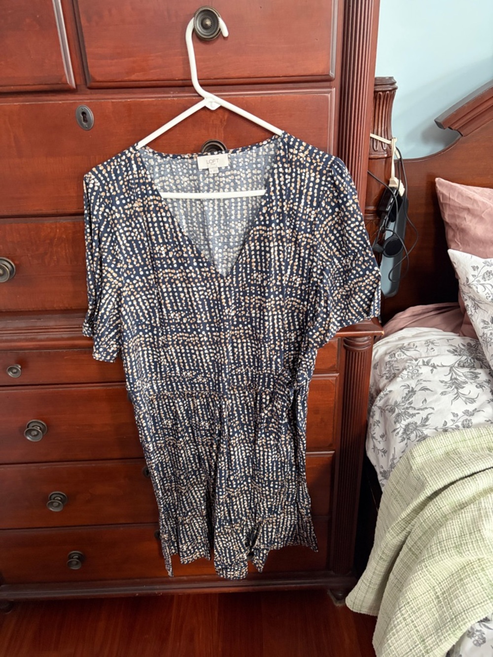 LOFT Navy and Cream Printed Short Sleeve Dress with V-Neck